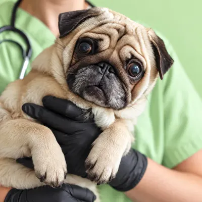 Cão pug no colo de uma veterinária