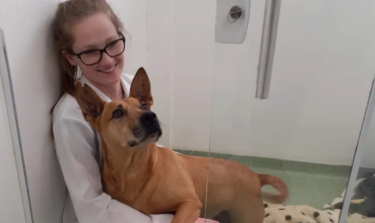 Veterinária do Amizade abraçando um paciente na internação