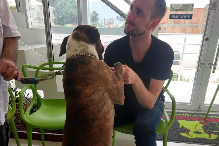 Tutor com seu boxer na recepção do Amizade